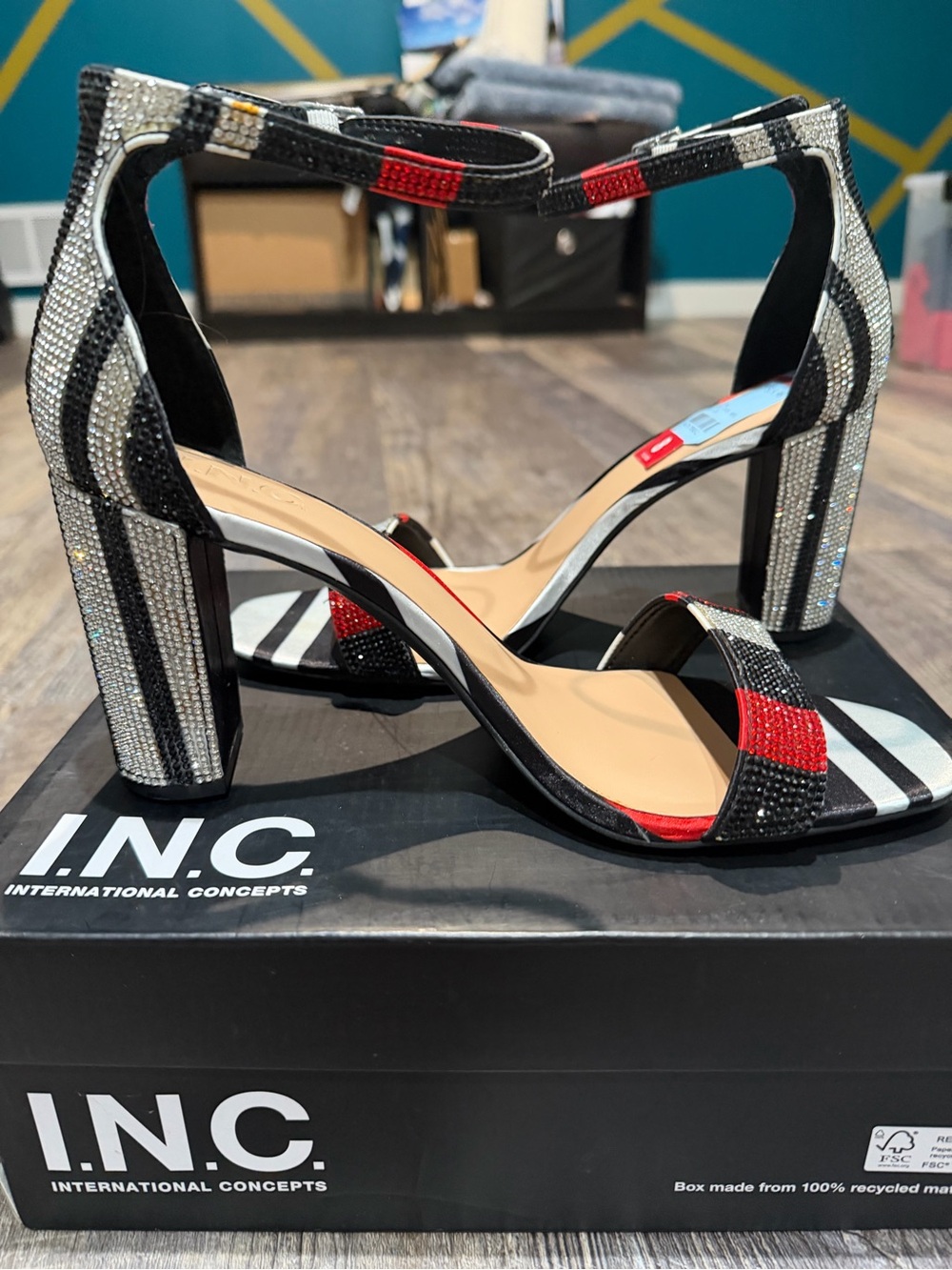INC International Concepts Black, White & Red Strappy Block Heel Sandals